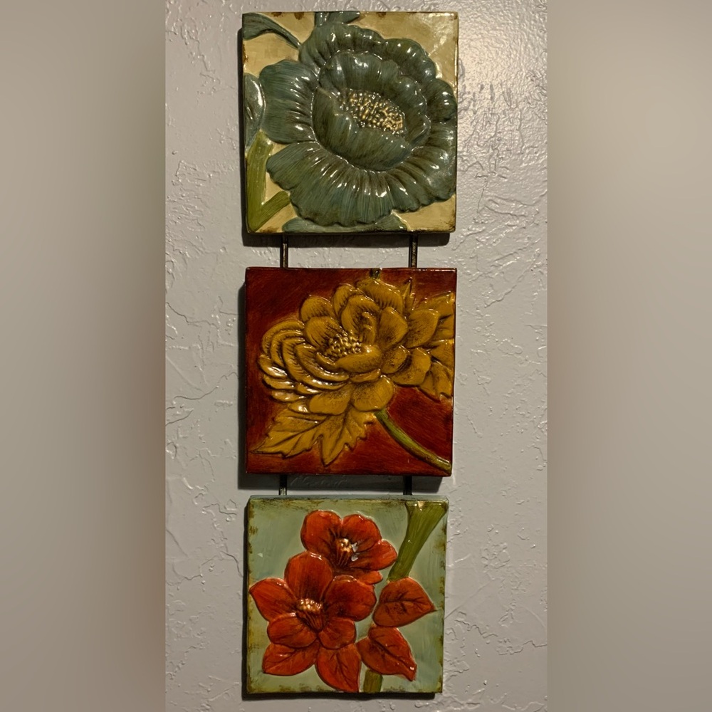 Glazed Ceramic Wall Tile with Golden Floral Relief on Burgundy